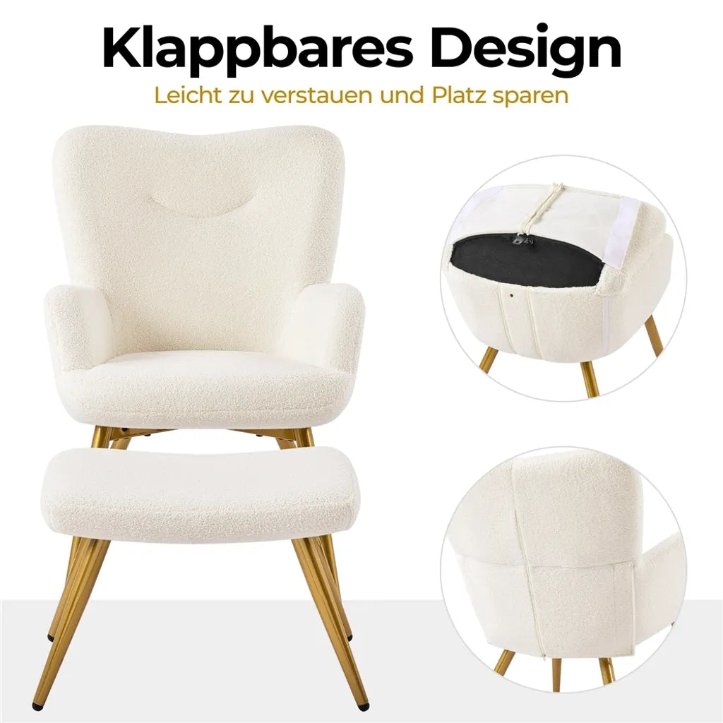 Yaheetech Oorfauteuil met Voetenbankje, Bouclé, Wit/Crème