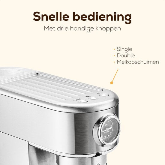 KitchenLove Pistonmachine - RVS Espressomachine - 20 Bar - Handmatig - Met Stoompijpje