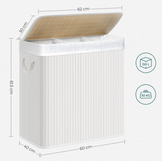 SONGMICS - Wasmand 150 liter - 3 sorteervakken - 60x40x61.5 - bamboe met stof - wit LCB091W01