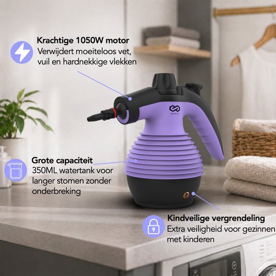Infinity Goods Stoomreiniger - 12-in-1 Handstoomreiniger - Handstomer - Vlekkenreiniger - Tapijtreiniger - 10 Opzetstukken - 1050 Watt - 3.2 Bar - Paars