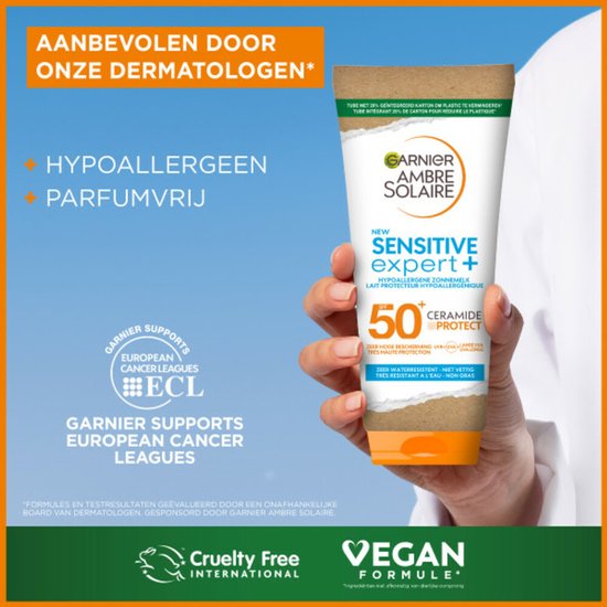 Garnier Ambre Solaire Sensitive Expert+ SPF50+ - Hypoallergene Zonnebrandmelk voor de Gevoelige Huid met Ceramide Protect - 175 ML