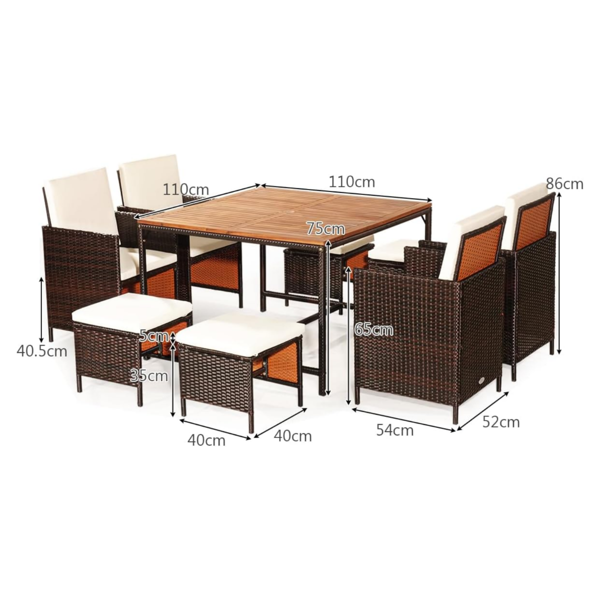 9-Delige Polyrotan Tuinset Bruin/Beige – 110 x 110 cm Tafel – Inklapbare Stoelen & Voetenbank – Weerbestendig Rotan met Acaciahout