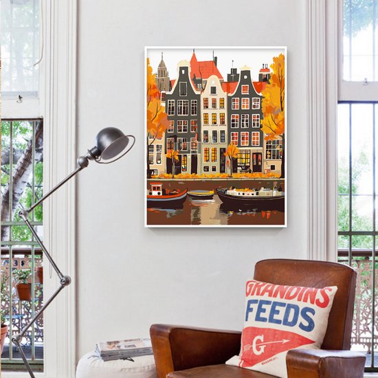 Rubye® Schilderen Op Nummer Volwassenen – Grachtenpand – Inclusief Verf en Penselen – Canvas Schildersdoek - Kleuren op Nummer - 40x50cm