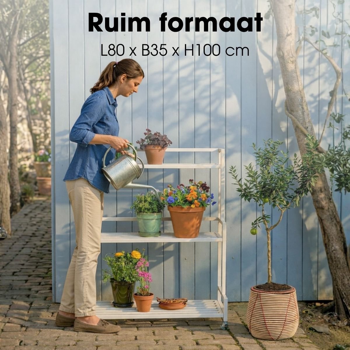 Mica Decorations Greenrax Plantenrek op Wielen - Meerdere Plateaus - 80 x 35 x 100 cm - Gebroken Wit