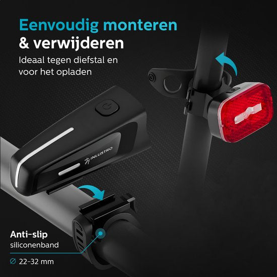 Inlustro Oplaadbaar LED Fietsverlichting Set - Met Verblindingsreductie en Remsensor - Racefiets / Wielrennen / MTB Fietslicht - Fietslamp Rood en Koplamp Wit - Voorlicht Achterlicht Fietslampjes - Waterdicht / USB-C