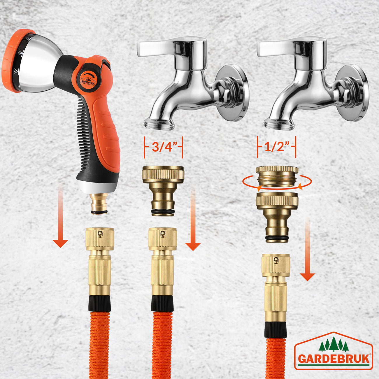 Gardebruk Tuinslang Flexibel - 30m 1/2" 3/4" Inch Wandmontage - Oranje