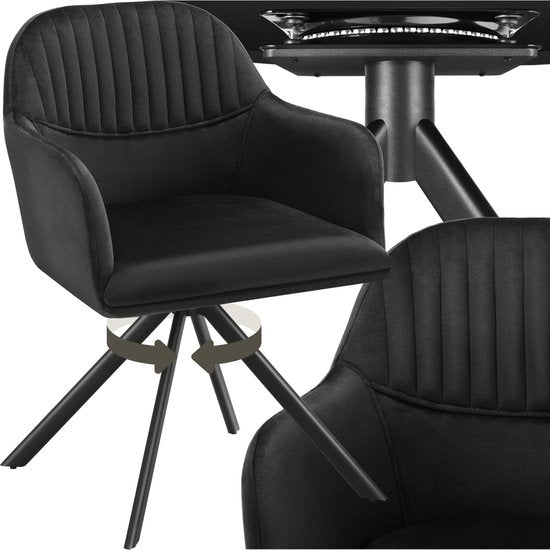 tectake® Fluwelen draaistoel - Bureaustoel - Eetkamerstoel met armleuningen - Fluwelen bureaustoel, keukenstoel, woonkamerstoel - 56 x 59 x 81 cm - Zwart/zwart