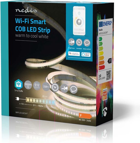 Nedis SmartLife LED Strip - Wi-Fi - Warm tot Koel Wit - COB - 2.00 m - IP20 - 2700 - 6500 K - 1000 lm - Android / IOS