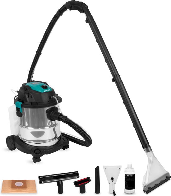 VONROC Tapijtreiniger – Incl. Accessoires & Reinigingsmiddel – 1400 W – 20 Liter – Zwart