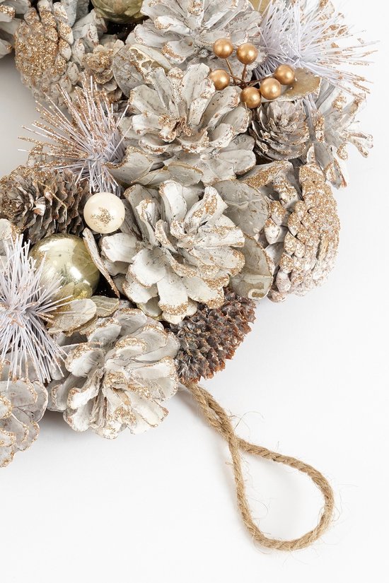 Mica Decorations Kerstkrans Hanley H9 x Ø45 cm - Deurkrans met Dennenappels - Kerst Krans Deur en Tafel - Multifunctionele Kerstversiering - Wit