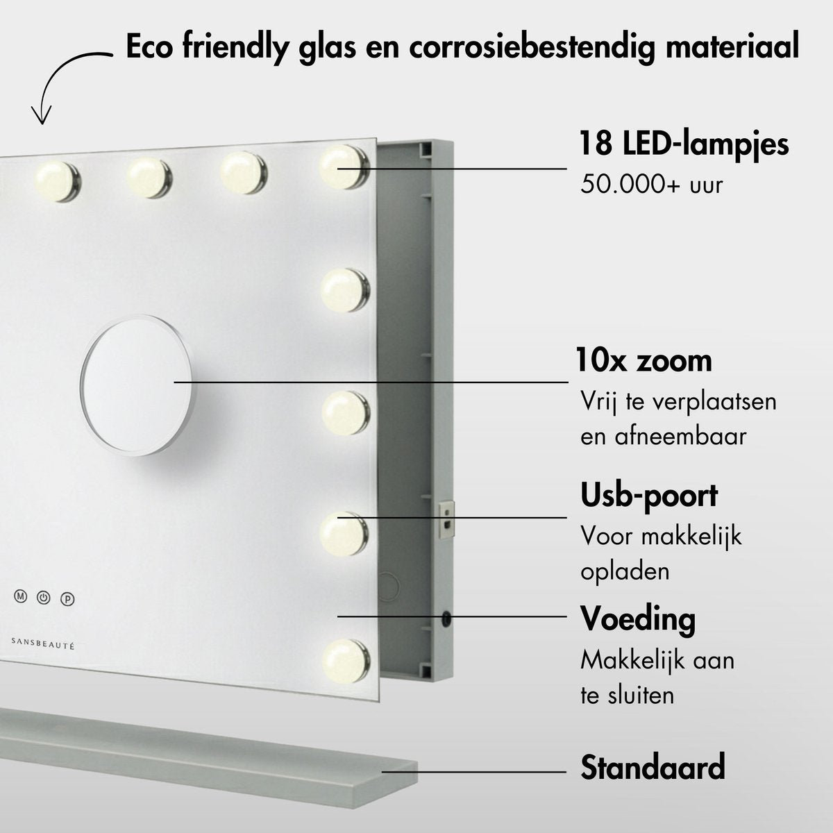 Sansbeauté® Hollywood Spiegel 58x43 cm - Make-up Spiegel - 15 LED Lampen - 10x Vergroting - Dimbaar - USB Oplaadpoort - Touch Control - Zwart