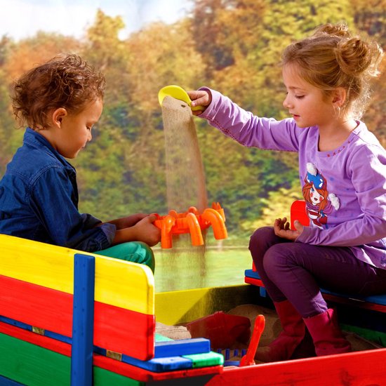 AXI Ella Houten Zandbak in Regenboog kleuren - Met Zitbankjes en Deksel - FSC hout - 100x95x20cm - Zandbak voor kinderen