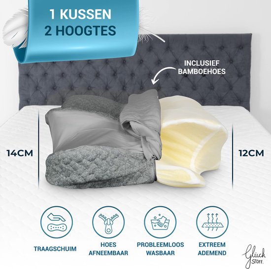 Glückstoff Orthopedisch Kussen Nekklachten met Memory Foam - Hypoallergeen, Ergonomisch Kussen, Voor Nek- en Rugpijn, Geschikt voor Alle Slapen, Inclusief Jute Tas