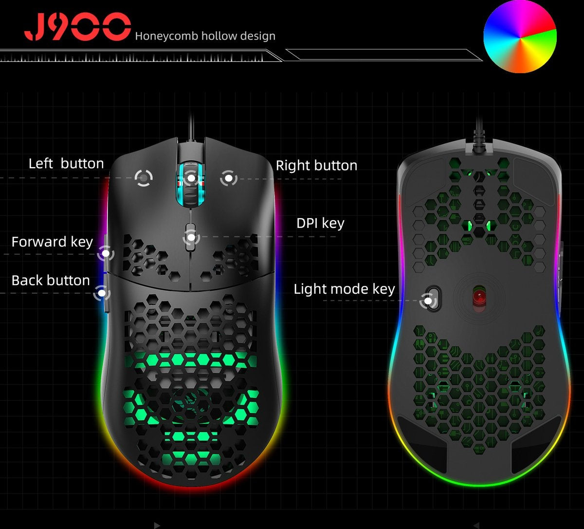 HXSJ J900 Optisch Gaming Muis - Ultra licht - RGB Verlichting - 6400 DPI - Zwart