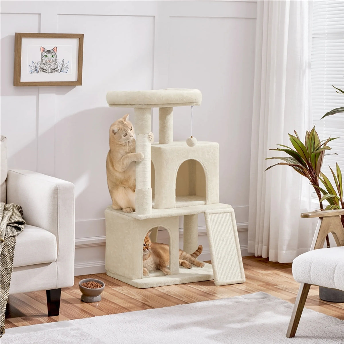 Yaheetech Krabpaal Met 2 Kattenhuisjes – Voorzien Van Sisal Krabpaal En Krabplank En Uitkijkplatform – Voor Kleine En Middelgrote Katten – Beige Pluche En Spaanplaat – 60 x 45 x 106 cm