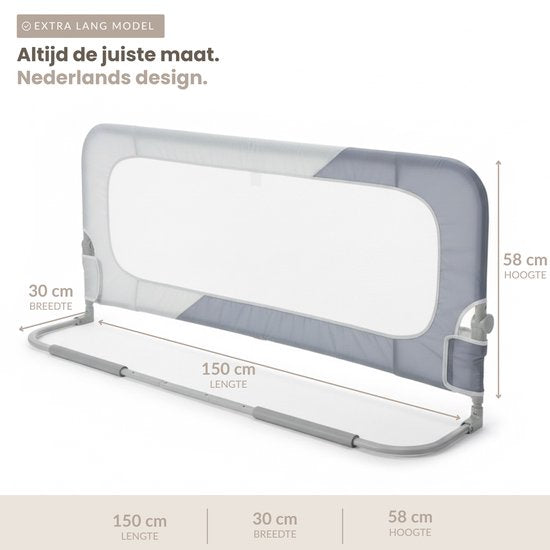 Babietec Bedhekje Verstelbaar Inklapbaar – Extra Lang 150cm – Bedrail – Boxspring – Uitvalbescherming – Bedrek - Donkergrijs