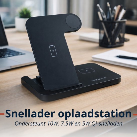 Grundig 3-in-1 Draadloze Oplader – Snellader Oplaadstation voor Smartphone, Smartwatch, Oortjes - Draadloze Oplader iPhone en Samsung - Wireless Charger – Opvouwbaar Design