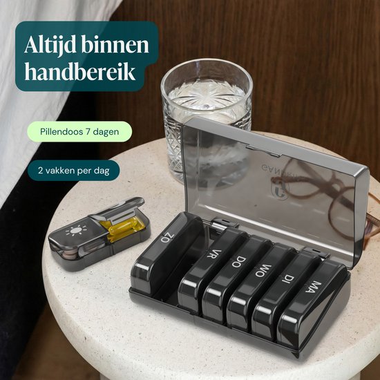 Gandria Pillendoos 7 Dagen 2 Vakken - Nederlandstalig - Medicijndoosje met Stevige Sluiting - Uitneembare Pillendoosjes voor Onderweg - Zwart