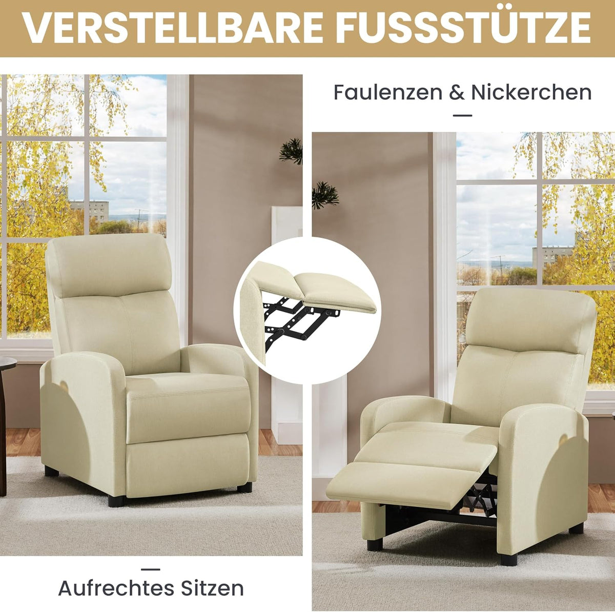 Yaheetech Relaxstoel TV Stoel - 87 x 61,5 x 99 cm - Verstelbare Voetsteun - Beige