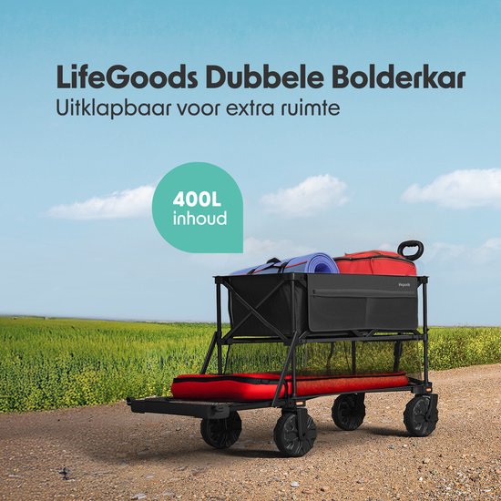 LifeGoods Dubbele Bolderkar - Opvouwbare Bolderwagen - 200KG - 400L - Uitklapbaar - Met Beschermhoes - Zwart
