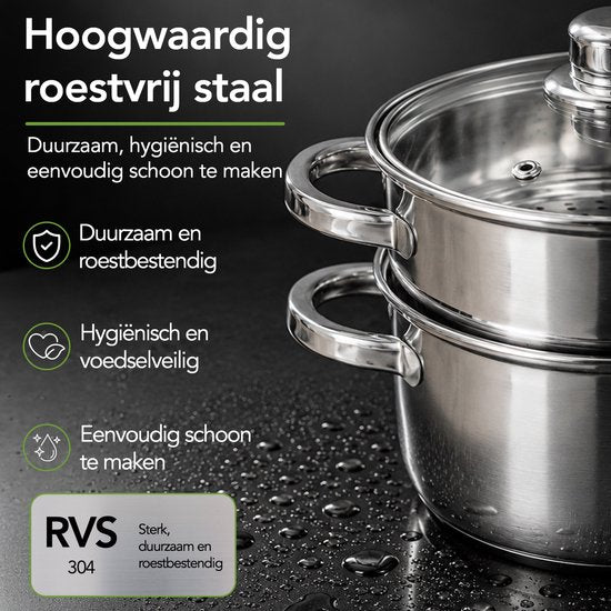 Aviro Stoompan - Glazen Deksel - 3,1L - 20 CM - Inductie En Gas - 3-Delige Rijst- En Groentestomer - RVS