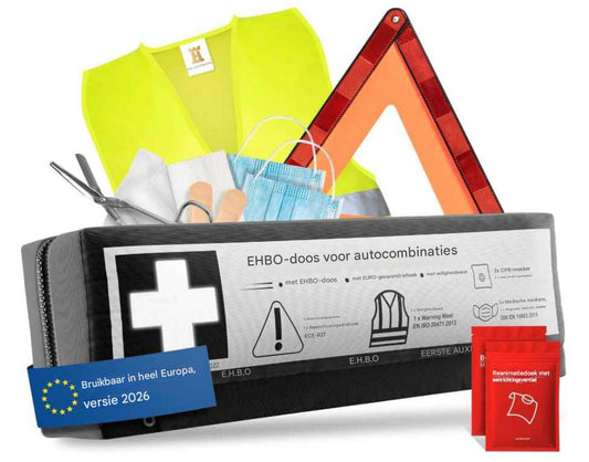 HELDENWERK - Combi-verbanddoos & Verbandtrommel - DIN 13164:2022 Norm - Zwart Kunststof - Inclusief Veiligheidshesje & Gevarendriehoek - 3-in-1 Autoveiligheidsset - Compact & Verplicht
