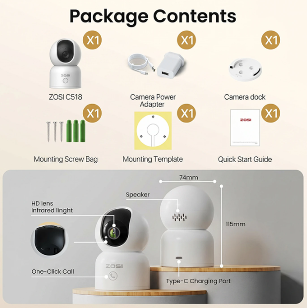 ZOSI Binnencamera - 4 MP 2,5K - Wi-Fi - 360° Draaibaar - Bewegingsdetectie - Nachtzicht - Tweeweg-audio - Appbediening