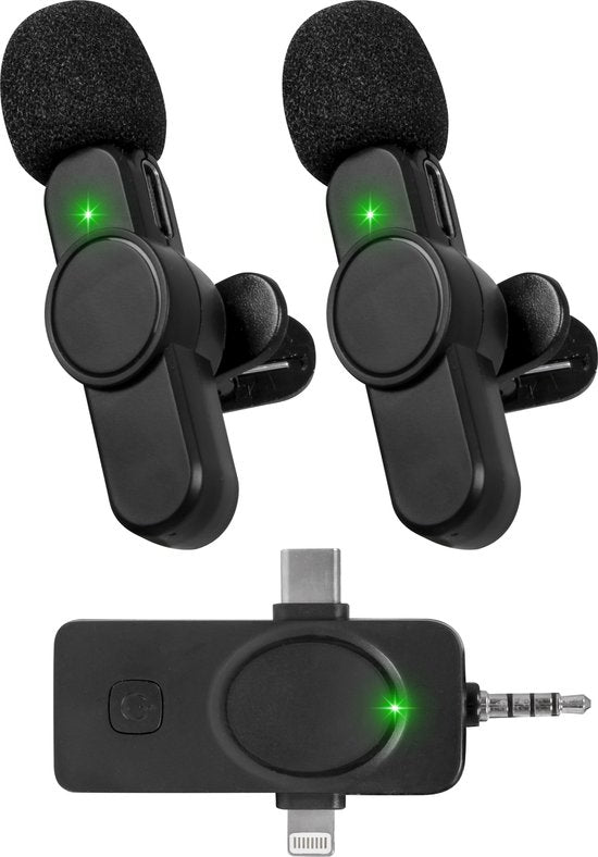 Nuvance - Draadloze Microfoon - 2 Stuks - Geschikt voor Jack 3.5mm, USB-C en Lightning - Dasspeld Microfoon - Lavalier Microfoon Draadloos - Microfoons - Plug & Play