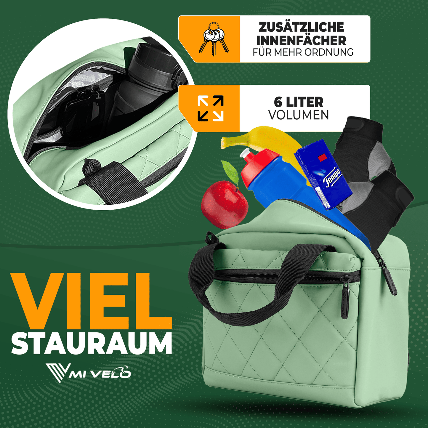 MIVELO – 3-in-1 Stuurfietstas – Waterafstotend – Met Schouderriem – 7L – Mint