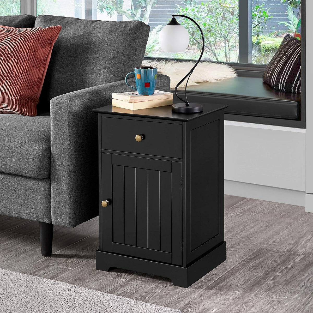 Yaheetech Nachtkastje - Zwart - 40 x 35 x 60 cm - Met Lade en Verstelbare Plank