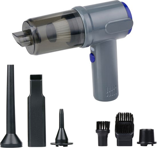 All Ride Auto Stofzuiger Draadloos 36W - Handstofzuiger met 6 Opzetstukken - USB-C Oplaadbare Auto Stofzuiger Snoerloos - Kruimeldief met Zuig en Blaas Functie - Grijs/Blauw