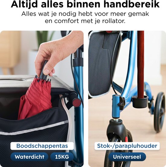Medzone Rollator Lichtgewicht en Opvouwbaar - Zitfunctie - Binnen en Buiten - Rugleuning en Wandelstok Houder - Blauw
