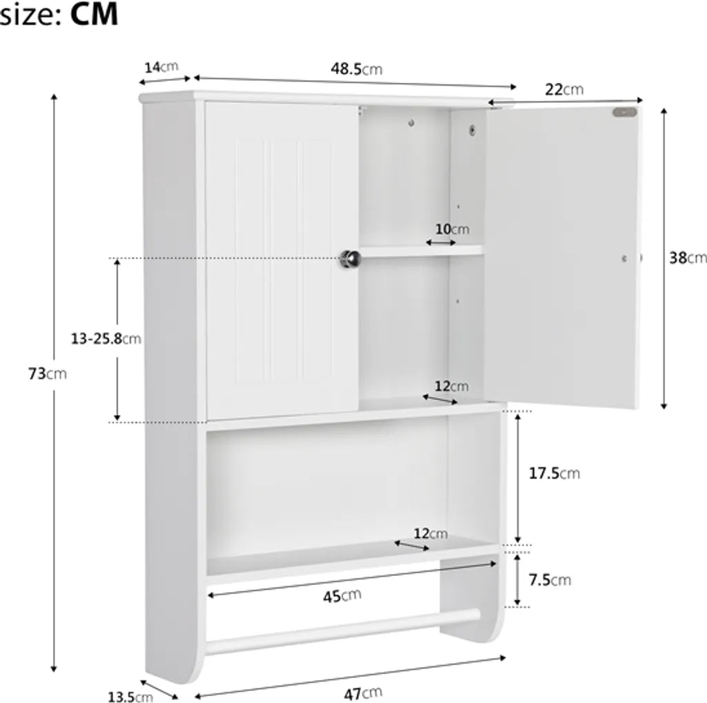 Yaheetech Wandkast Badkamer - Wit - 48,5 x 14 x 73 cm - Handdoekrek, Open Vak, Verstelbare Planken