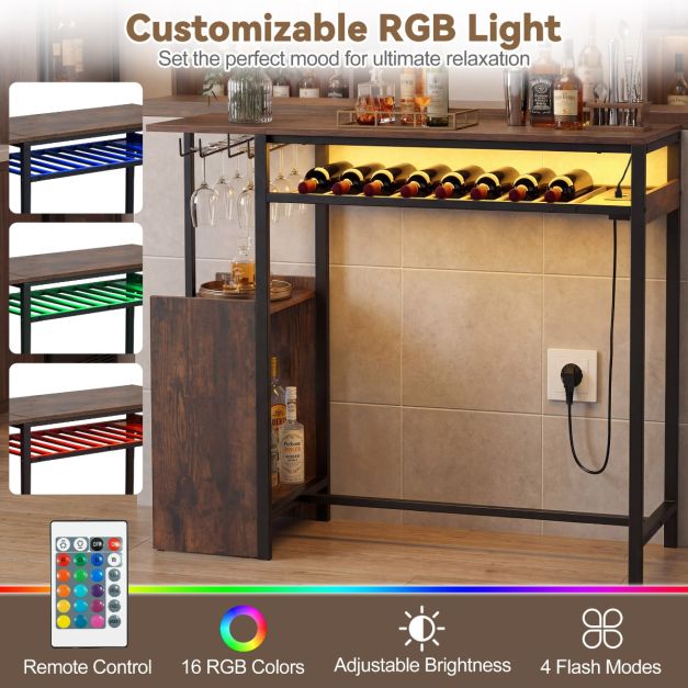 Coast Bartafel met RGB-Verlichting & Oplaadstation – Statafel met Flessenrek, Glazenhouders en Opbergvakken – Bruin/Zwart – 110 cm
