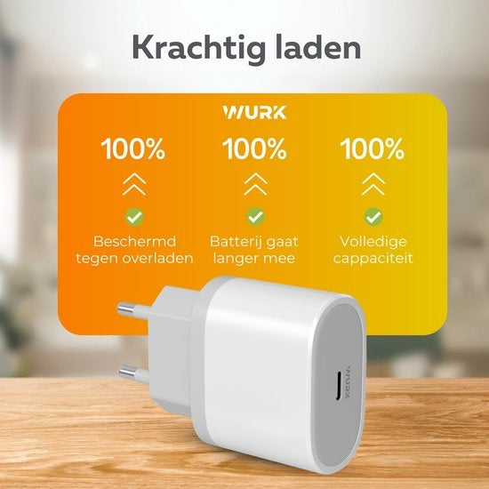 Wurk - Oplader - Geschikt voor iPhone en iPad - 20W Snellader - Oplaadkabel van 1M - Ook Geschikt Voor Oudere iPhones