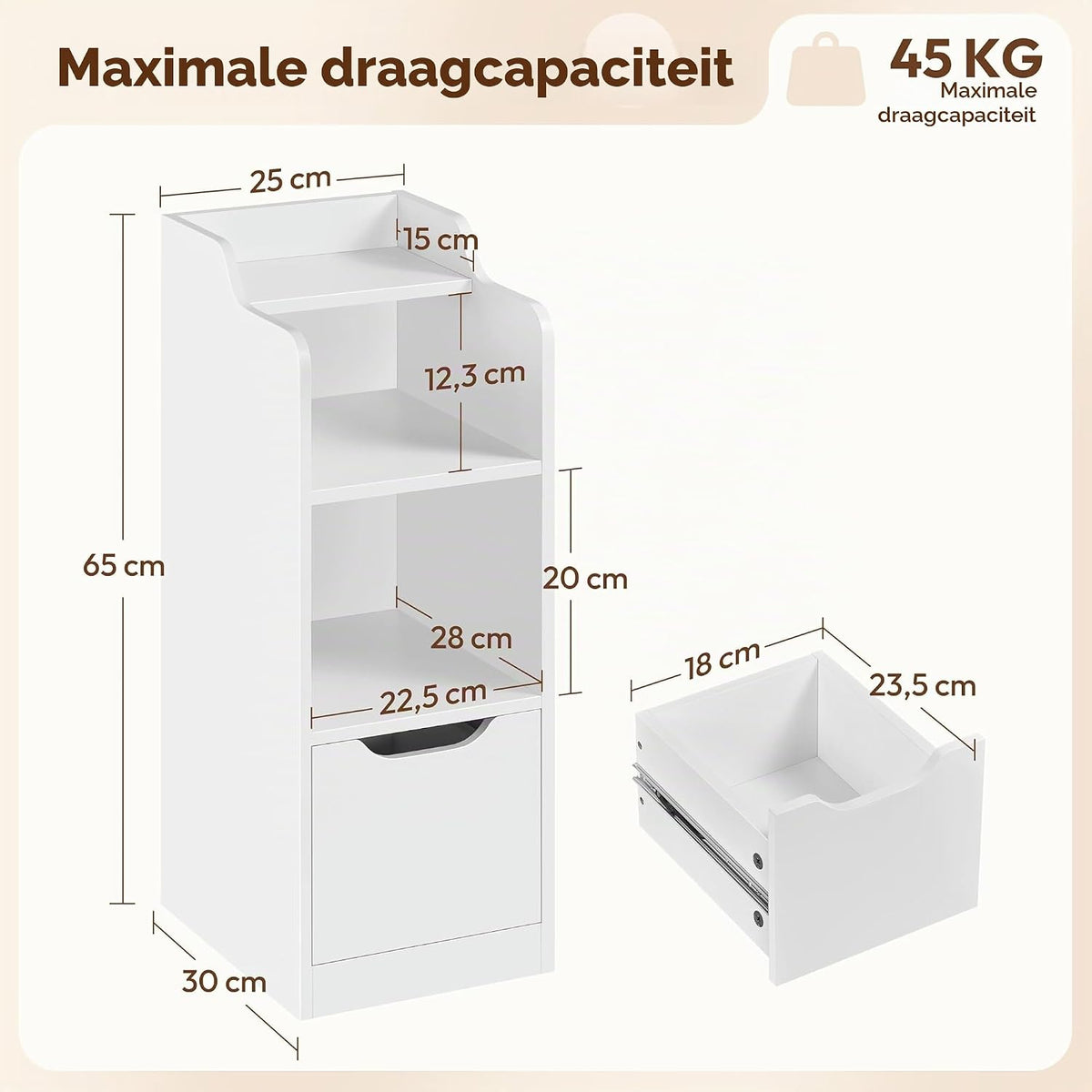 Yaheetech Smalle Nachtkastje 30x25x65 cm met Lade - 2 Vakken - Wit