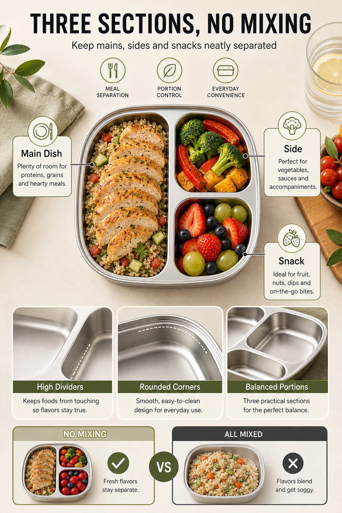 PURE COOK RVS Bord met 3 Vakken - 19,5 x 19,5 x 3,9 cm - Vierkant - 304 RVS