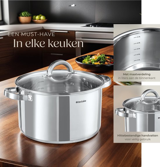 tectake® Pannenset - RVS - Geschikt voor inductie, gas en elektrisch koken - 15-delig - Vaatwasmachinebestendig - Voor thuis of camping - Pannen met deksels