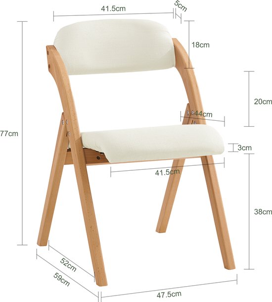 SoBuy Set van 2 Klapstoel, Bureaustoel met Gestoffeerd Zitkussen, Eetkamerstoel, Natuur/Wit, 47.5x77x59 cm, FST92-Wx2 - voor eetkamer, balkon of kantoor