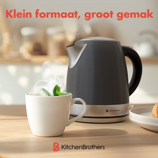 KitchenBrothers Waterkoker - Elektrisch - 1 Liter - Klein Camping Formaat - Reiswaterkoker met Kalkfilter - Titanium Grijs/RVS