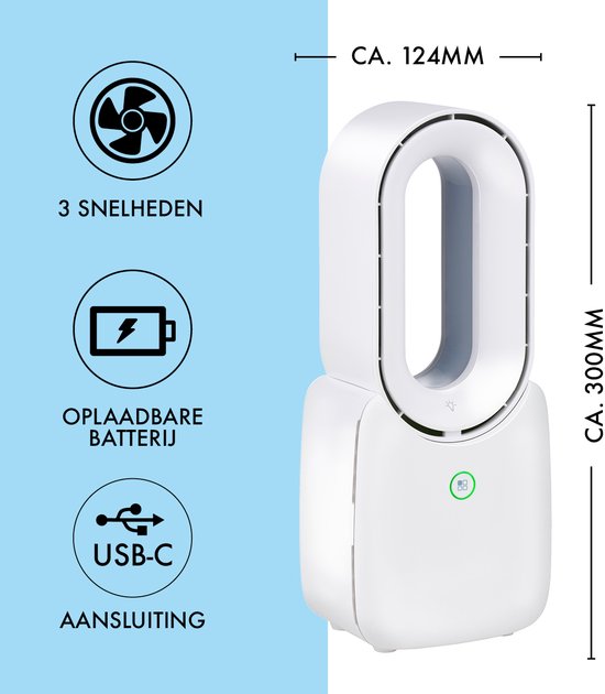 Lifetime Air Bladeloze Ventilator - Stille Ventilator Met Drie Snelheden - Draadloze Bureau Ventilator - Tafel Ventilator met LED Mood Light - USB-C Oplaadbaar - Compact Design - 5W - Wit