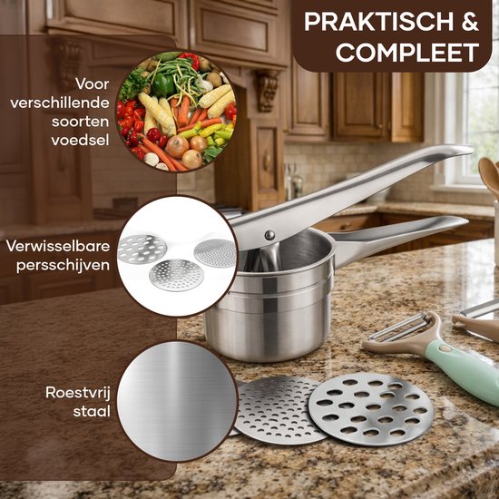 Qualisce Aardappelpers - Pureeknijper - Pureestamper - 3 Schijvige Aardappelpers - Pureerder - Inclusief multifunctionele Schiller