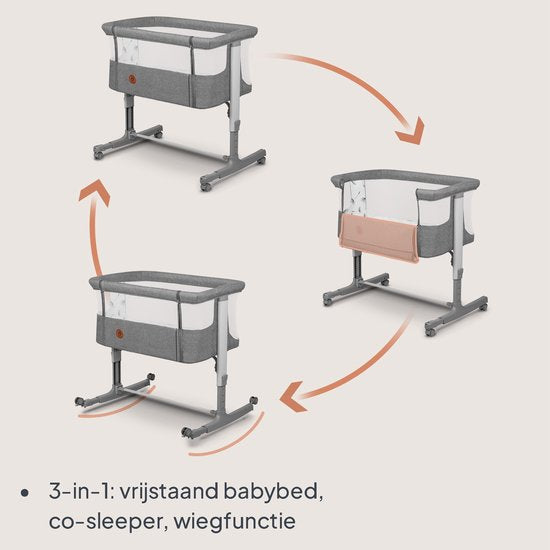 Lionelo Aurora 3in1 Co-sleeper - Babybedje tot 9 kg - Meegroeibed - 4 wielen met rem - Campingbedje – Verstelbare Hoogte – Ademend Gaas – Inclusief Matras & Transporttas – Afneembare Bekleding