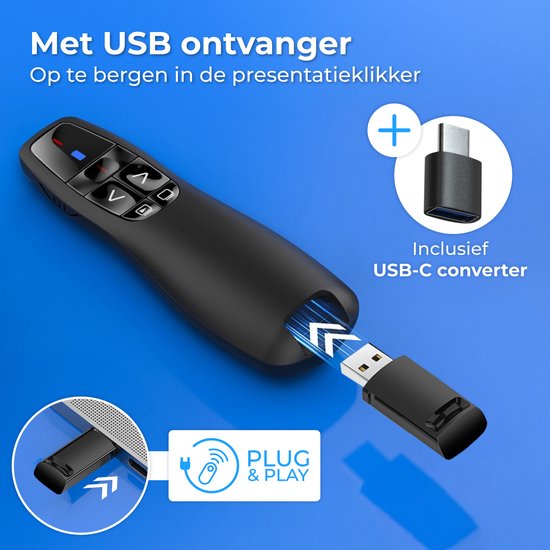 Nuvance Presentatie Klikker - Laser - Aanwijzer - Presenter - USB Ontvanger - Incl. USB C Adapter - Clicker