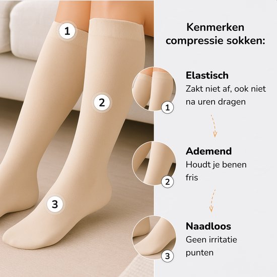Alyze Compressie kousen - 2 paar - Maat 38-40 - Hoog - 20-30 mmHg - Sokken voor mannen & vrouwen - Medische - Neuropathie - Steunkousen - Diabetes - Doorbloeding, Hardlopen, Vliegtuig, Bed - Nude