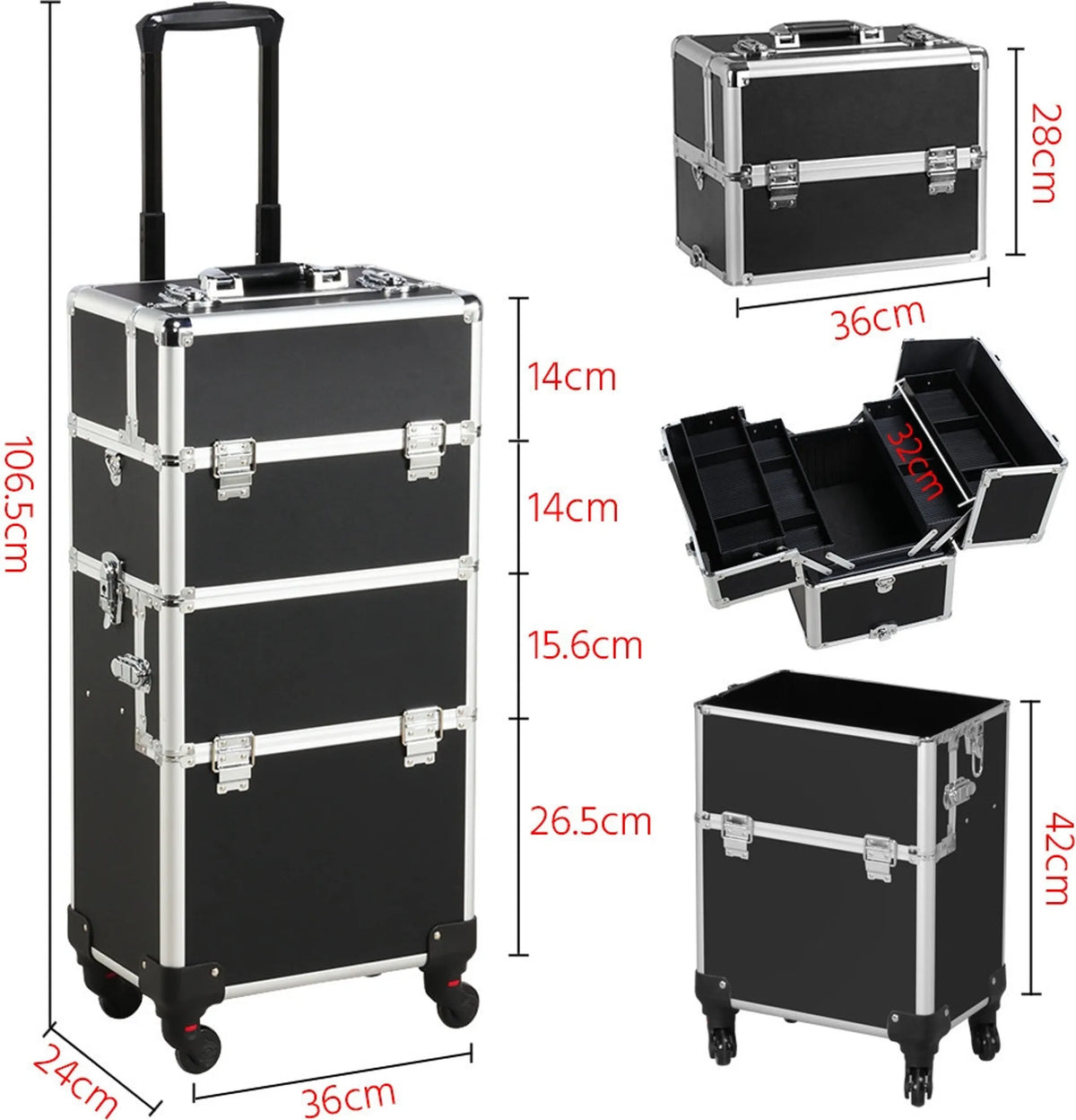 Yaheetech 3-in-1 Kosmetikkoffer Trolley 36x24x78 cm – Zwart – Aluminium en Kunststof