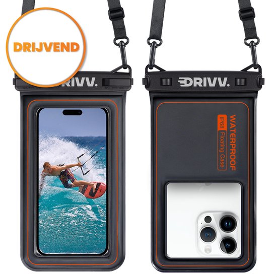 Drivv. Waterdicht Telefoonhoesje – Drijvend - Dubbele Klipsluiting - Tot 6.8 inch – Onderwater Hoesje telefoon - Zwart