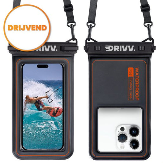 Drivv. Waterdicht Telefoonhoesje – Drijvend - Dubbele Klipsluiting - Tot 6.8 inch – Onderwater Hoesje telefoon - Zwart