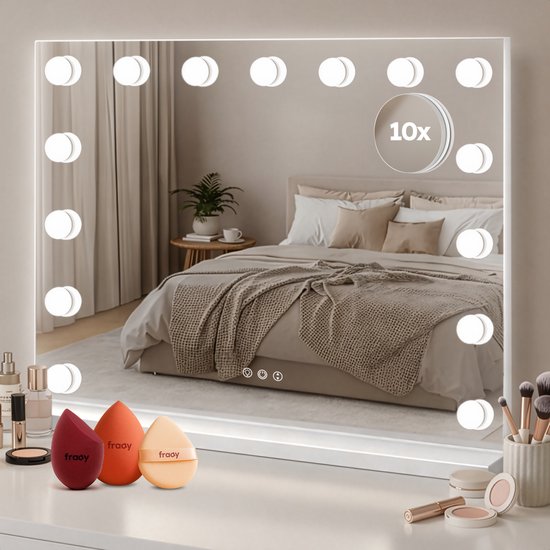 Fraay® Hollywood Spiegel met Verlichting 60x50cm - 3 Lichtstanden - Luxe Make Up Spiegel met 10x Vergrootspiegel - LED Verlichting Dimbaar - Incl. 2 Beauty Blenders en Powder puff