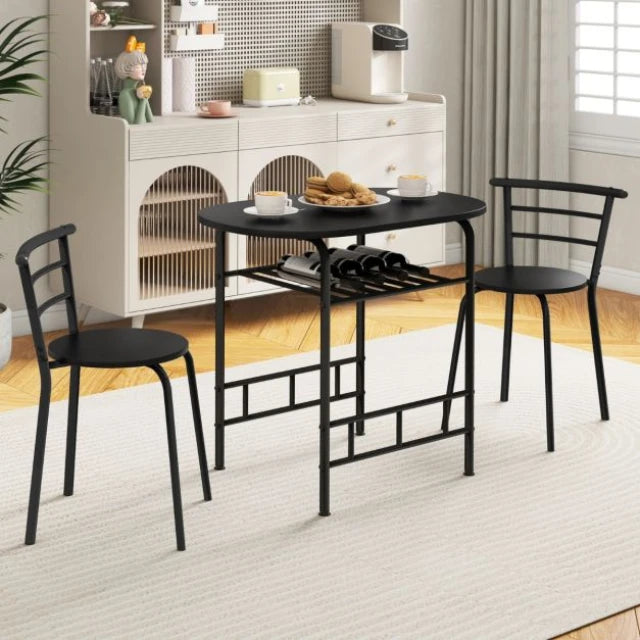 Coast Eettafelset Zwart – 3-Delige Bartafelset met 2 Stoelen en Wijnrek – Tafel 80 x 53 x 77 cm